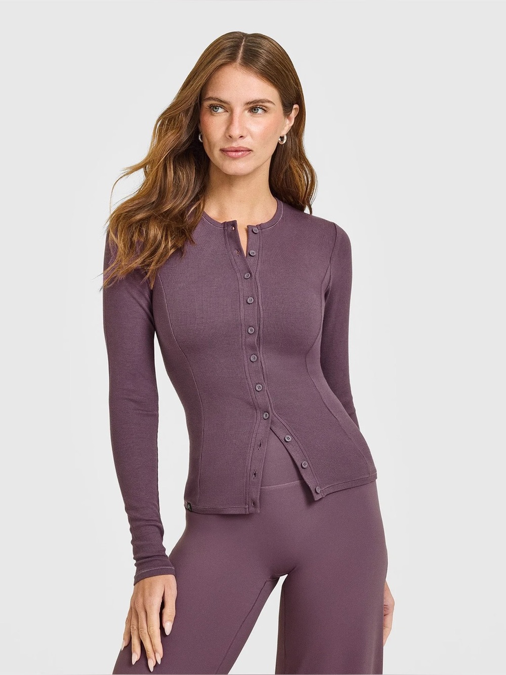 ONER ACTIVE MELLOW™ RIB LONG SLEEVE CARDIGAN IN VINTAGE PURPLE